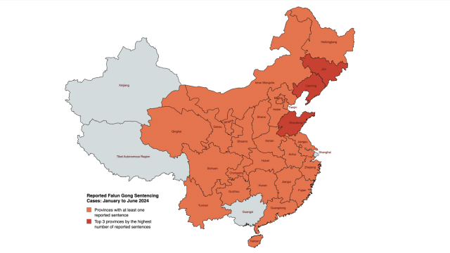 Shaded map of China's provinces, municipalities, and autonomous regions where reports of Falun Gong practitioners' prison sentences were documented between January and June 2024.